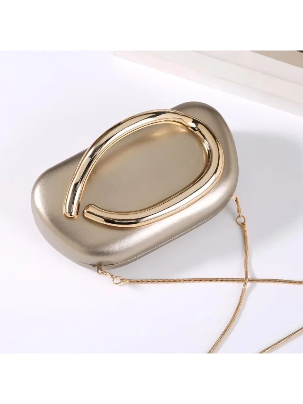 👜Women's Champagne Art Deco Clutch Gold-Tone Handle Evening Party Purse Bag